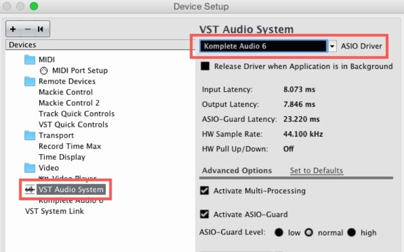 VST audio system options cubase