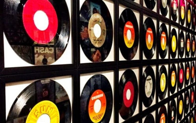 vinyl records on wall label