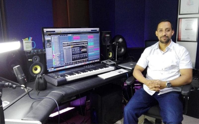 Alejandro Valdés Alvarez music producer at desk in Soho Sonic studios