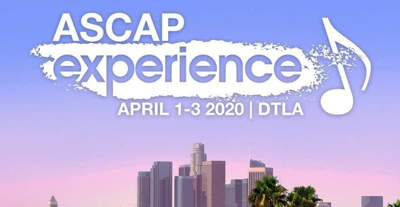 ASCAP experience logo with city background in white and purple for songwriters in the USA