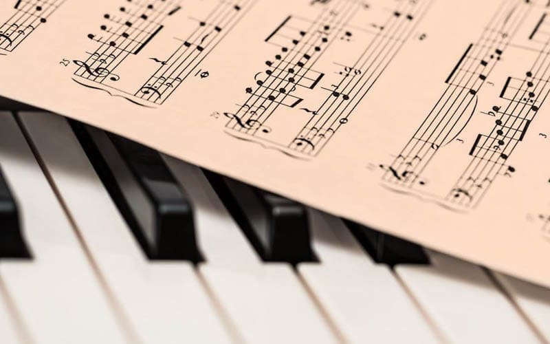 Piano keys with sheet music placed on top