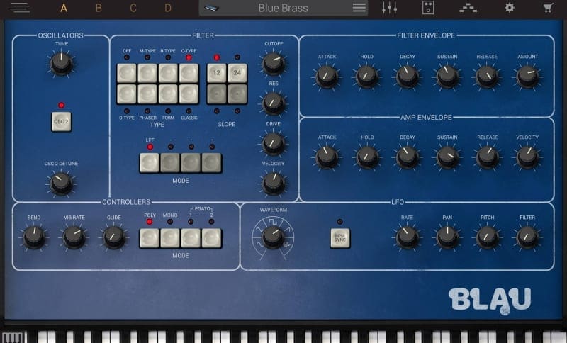 Syntronik Blau, great piano module with oscillators, filters, detune, controllers, amp envelop and LFO in blue