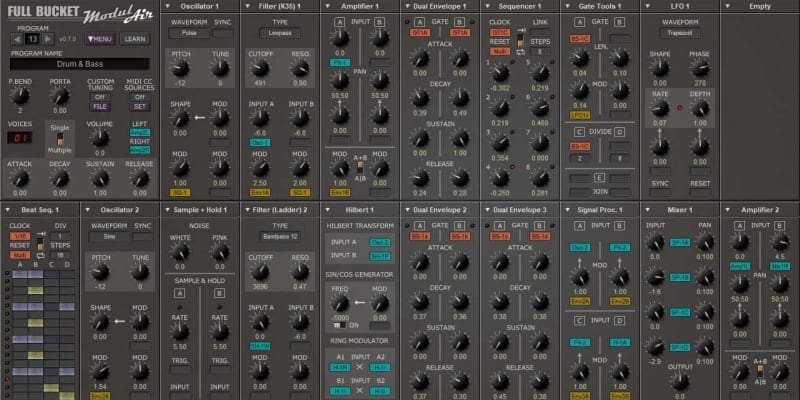 ModulAir Free VST Plugin screenshot with grey design and lots of EQ, controls, effects, LFO and modulation