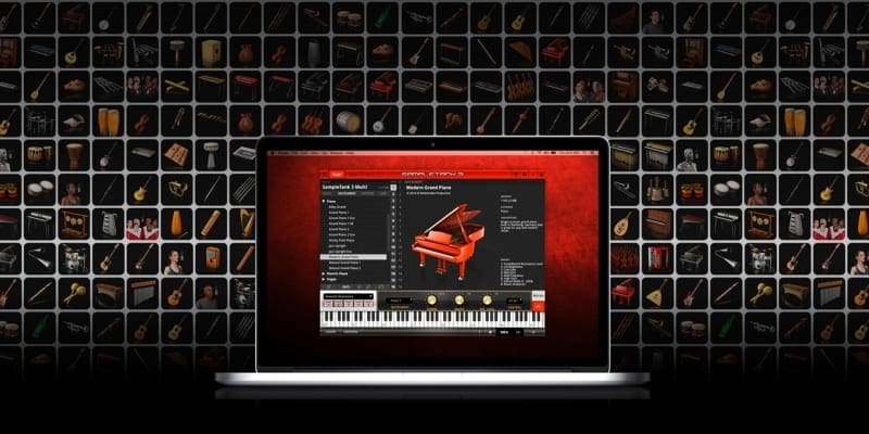 Sample Tank Custom Plugin displaying apply mac and grand piano keyboard settings and background of multiple VST instruments